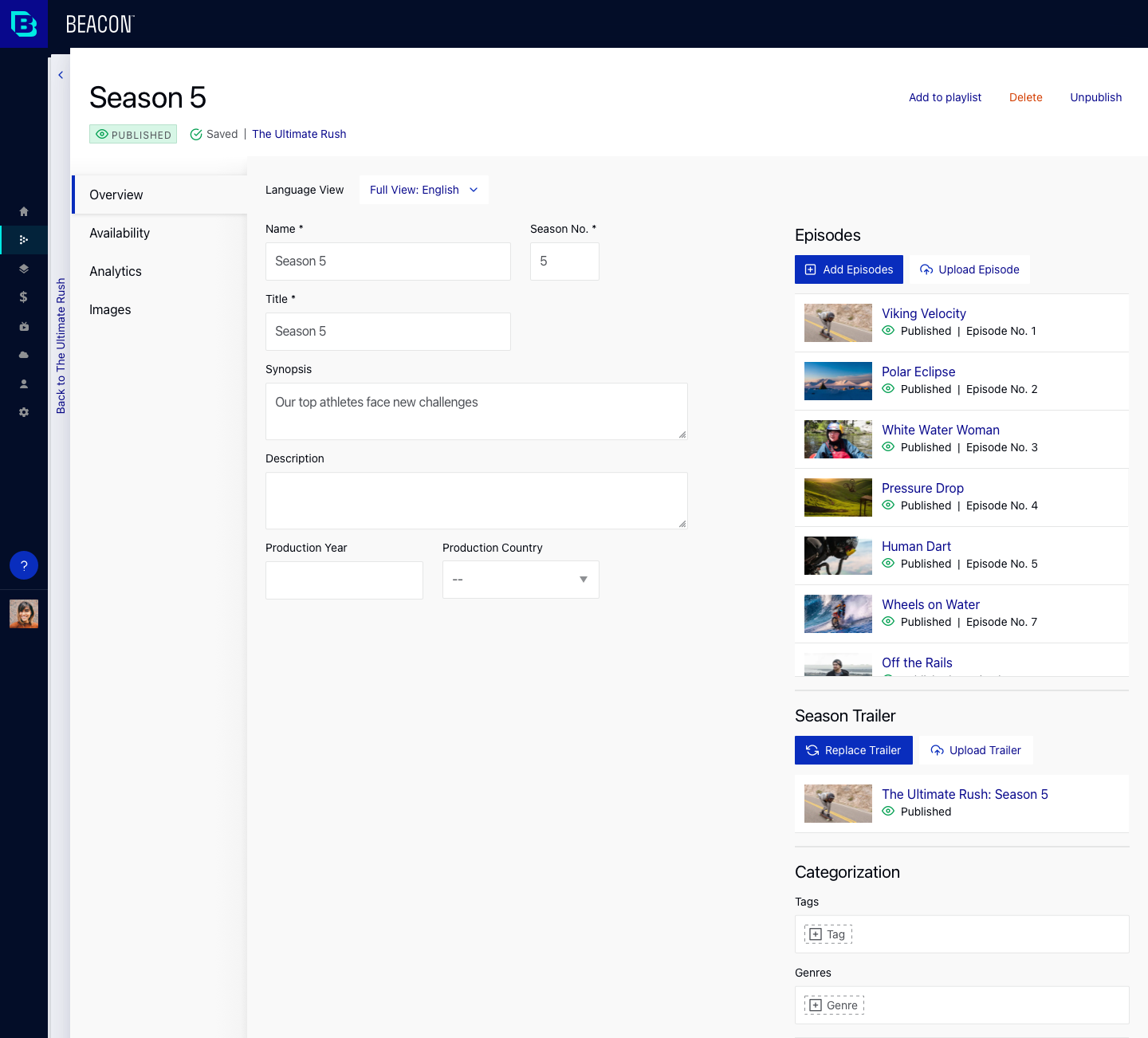 Season Details screen