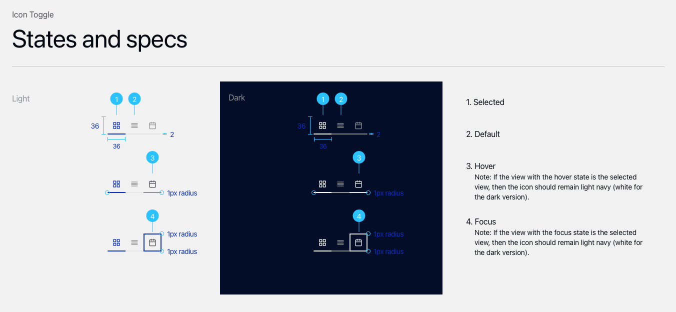Icon Toggle States and Specs