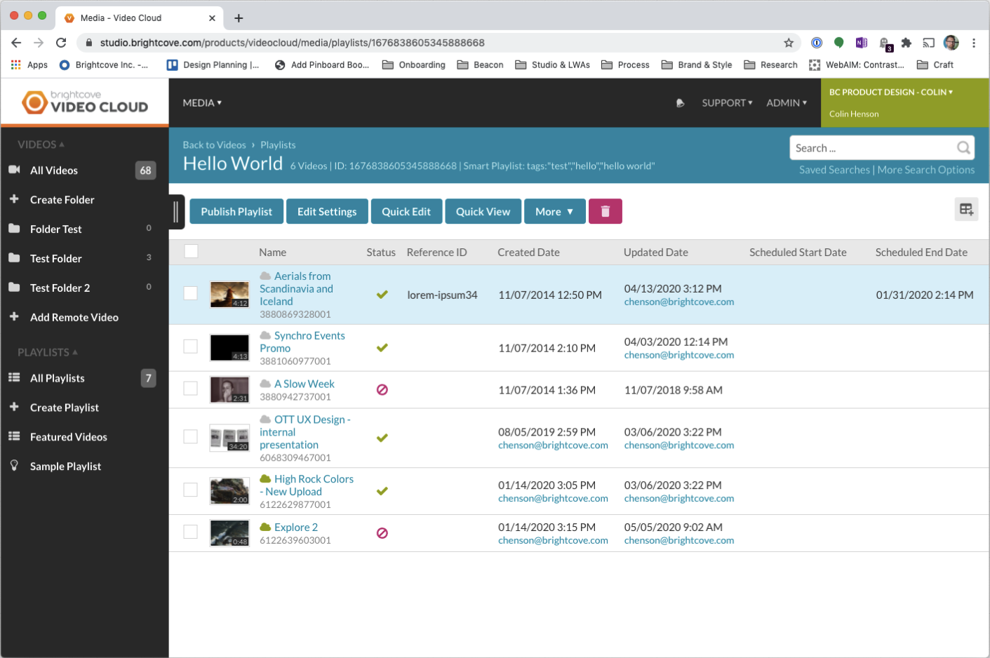 Video Cloud Playlists screen
