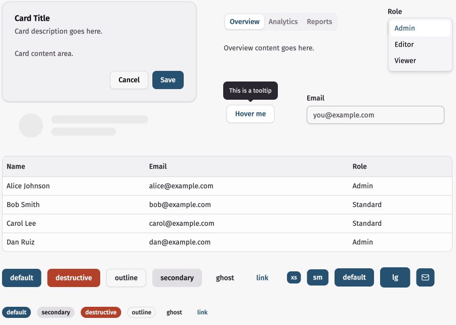 Shadcn components included in the project